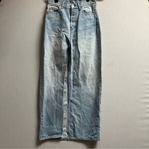 Reconstructed Light Wash Denim Maxi Skirt Front & Back Slits Size 24